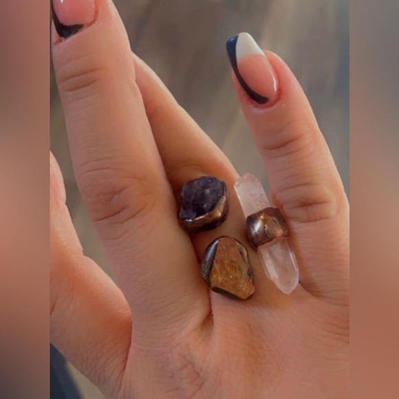 New Triple Crystal Gemstone Ring ~ Natural Amethyst Citrine Clear Quartz Copper - Picture 15 of 16
